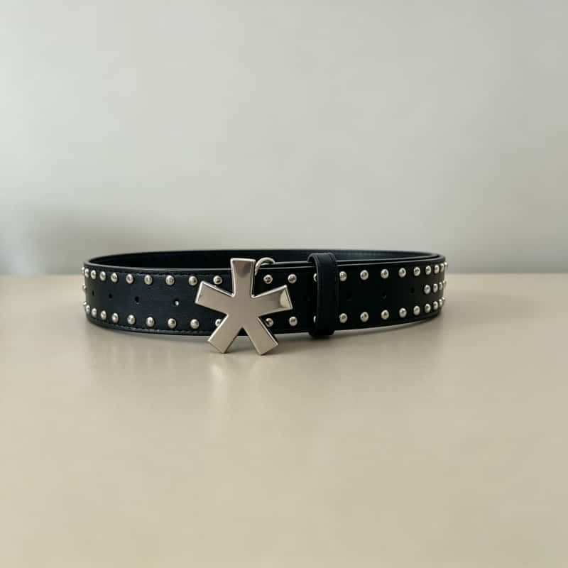Silver Cross Star Buckle Leather Belt Punk Double Row Studded Waist