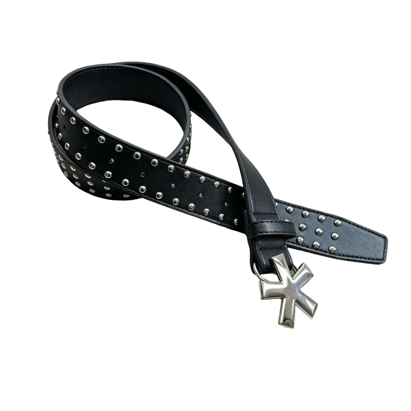Silver Cross Star Buckle Leather Belt Punk Double Row Studded Waist