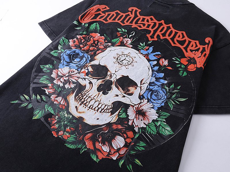 Godspeed Washed Black Skull Floral Graphic T-Shirt