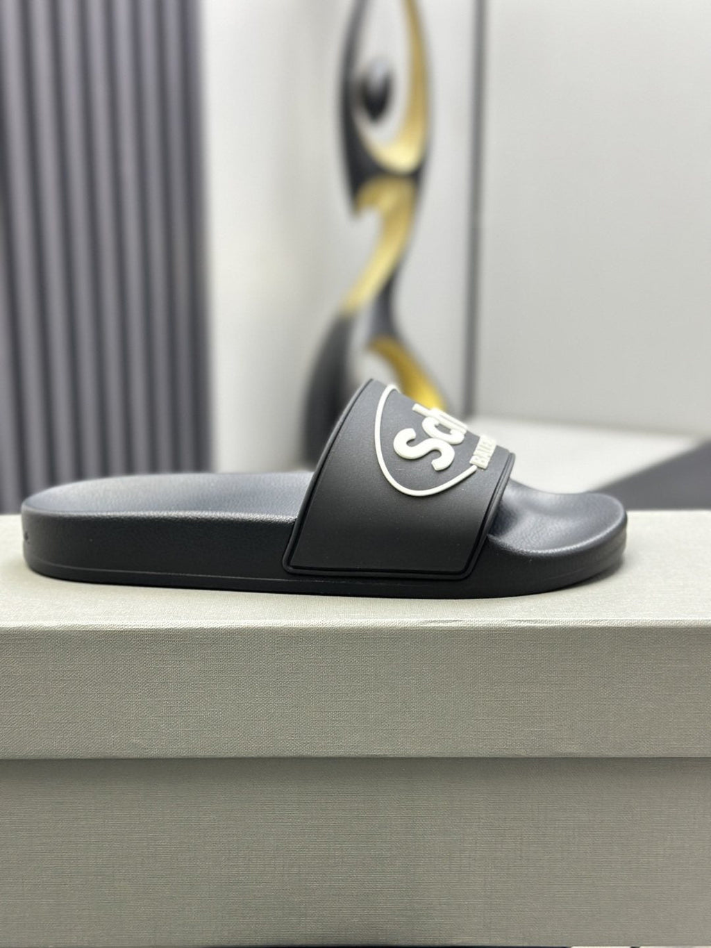 Scholl × Balenciaga Black Logo Strap Slide Sandals