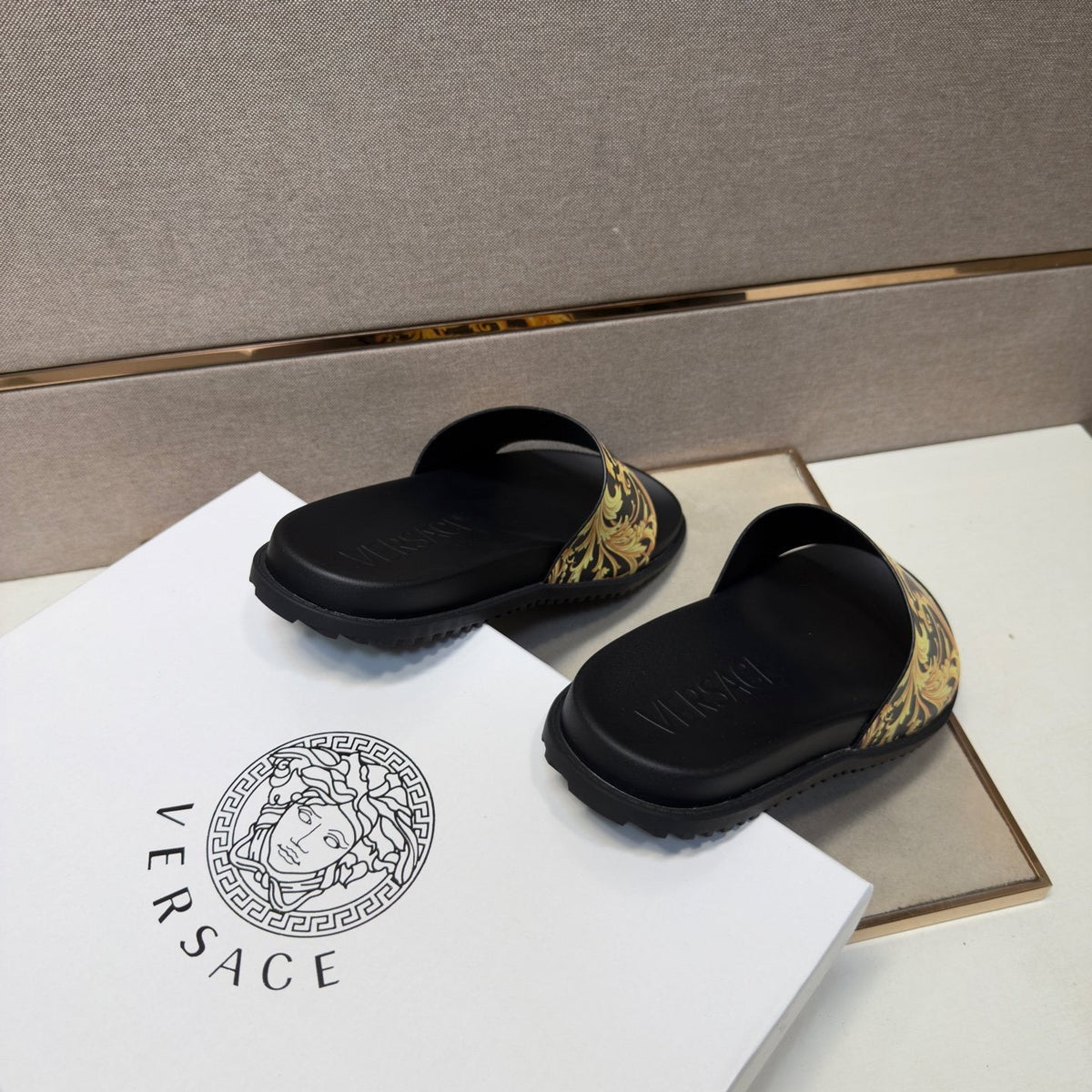 Versace Gold Patterned Strap Slide Sandals