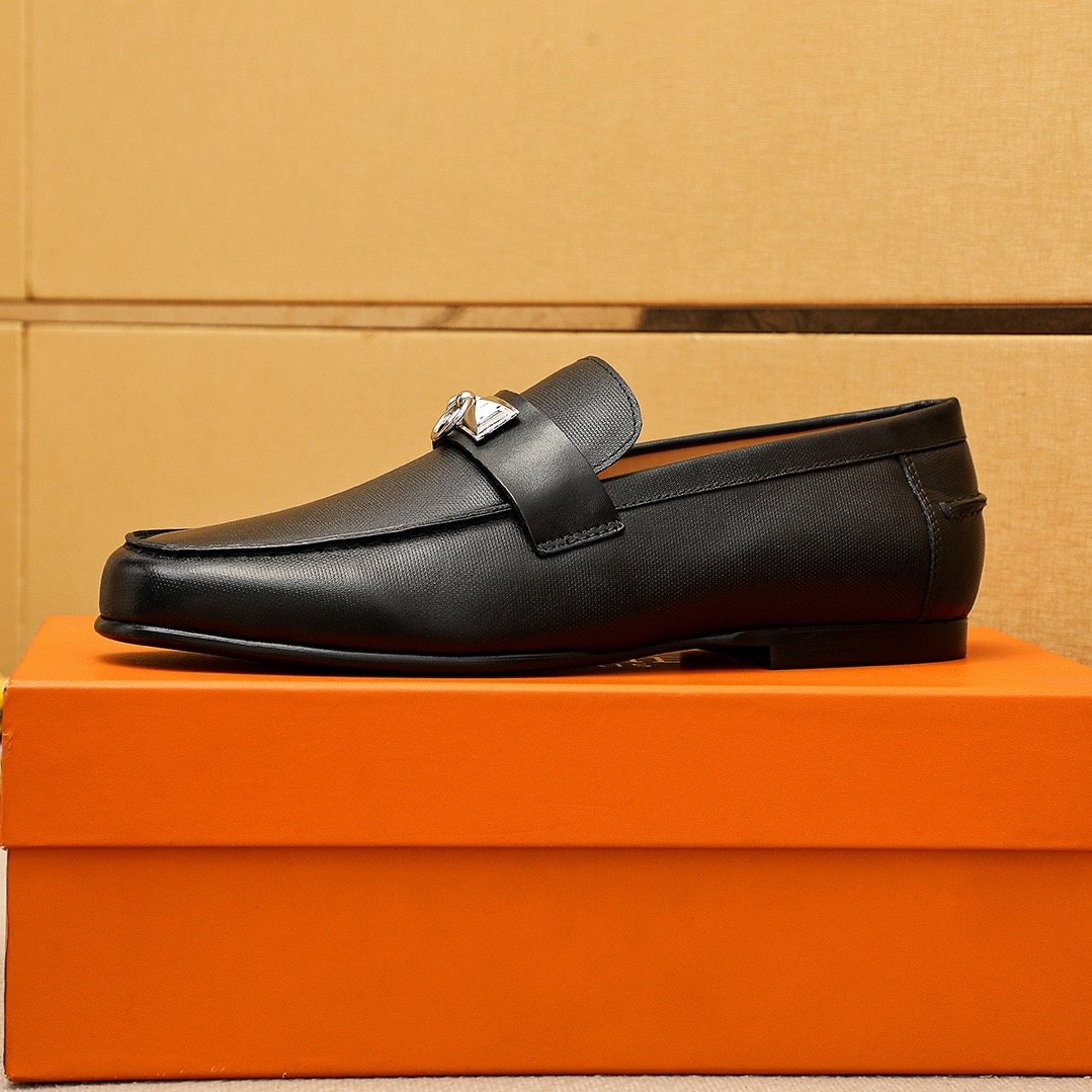 Hermes Black Leather Hardware Loafers