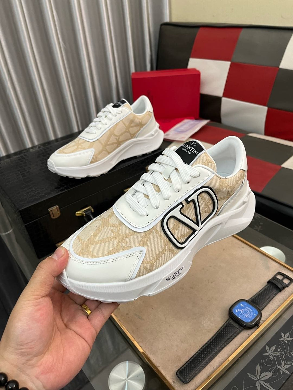 Valentino Cream and Beige V-Motif Sneakers