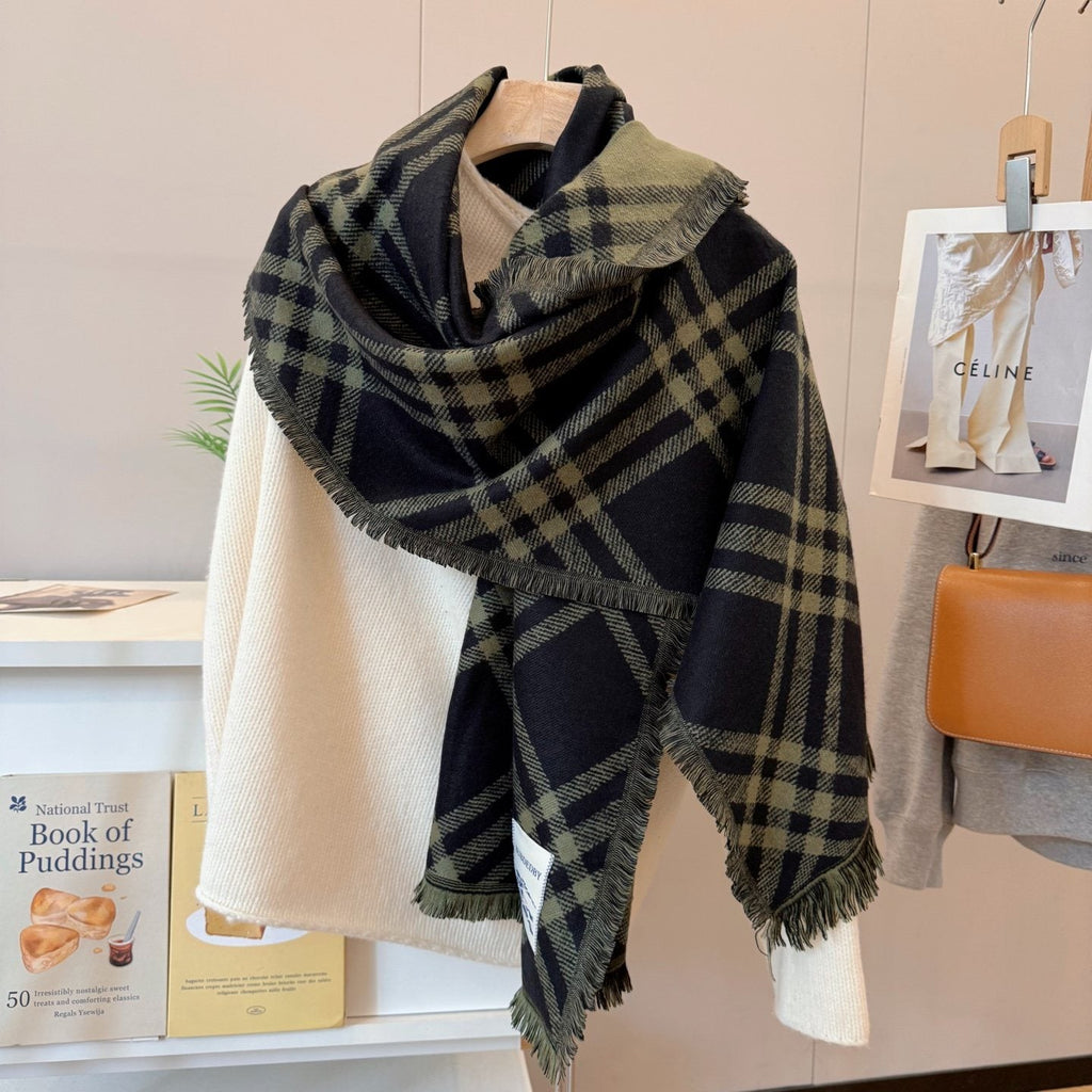Burberry Black and Olive Green Plaid Scarf