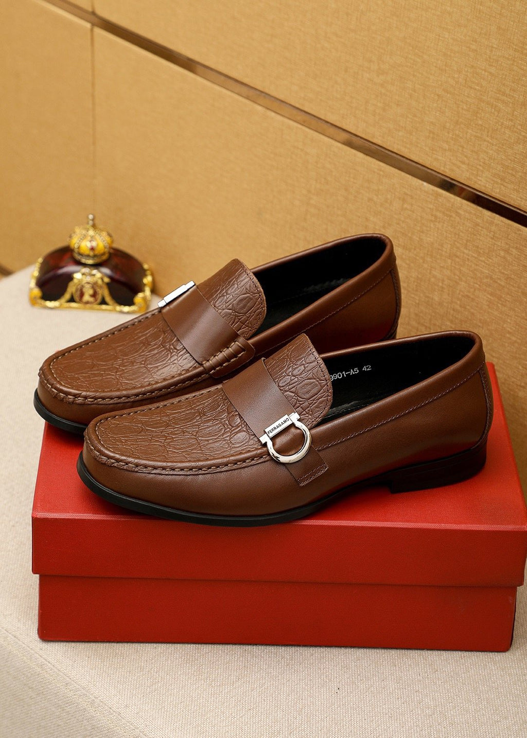 Ferragamo Textured Metal Bit Leather Loafers