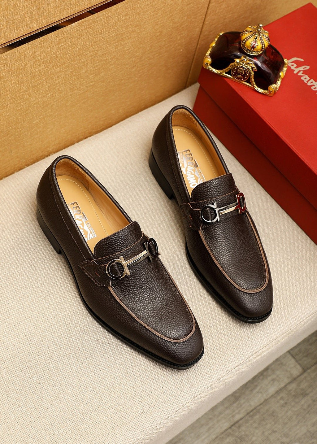 Ferragamo Men's Pebble Leather Buckle Loafers