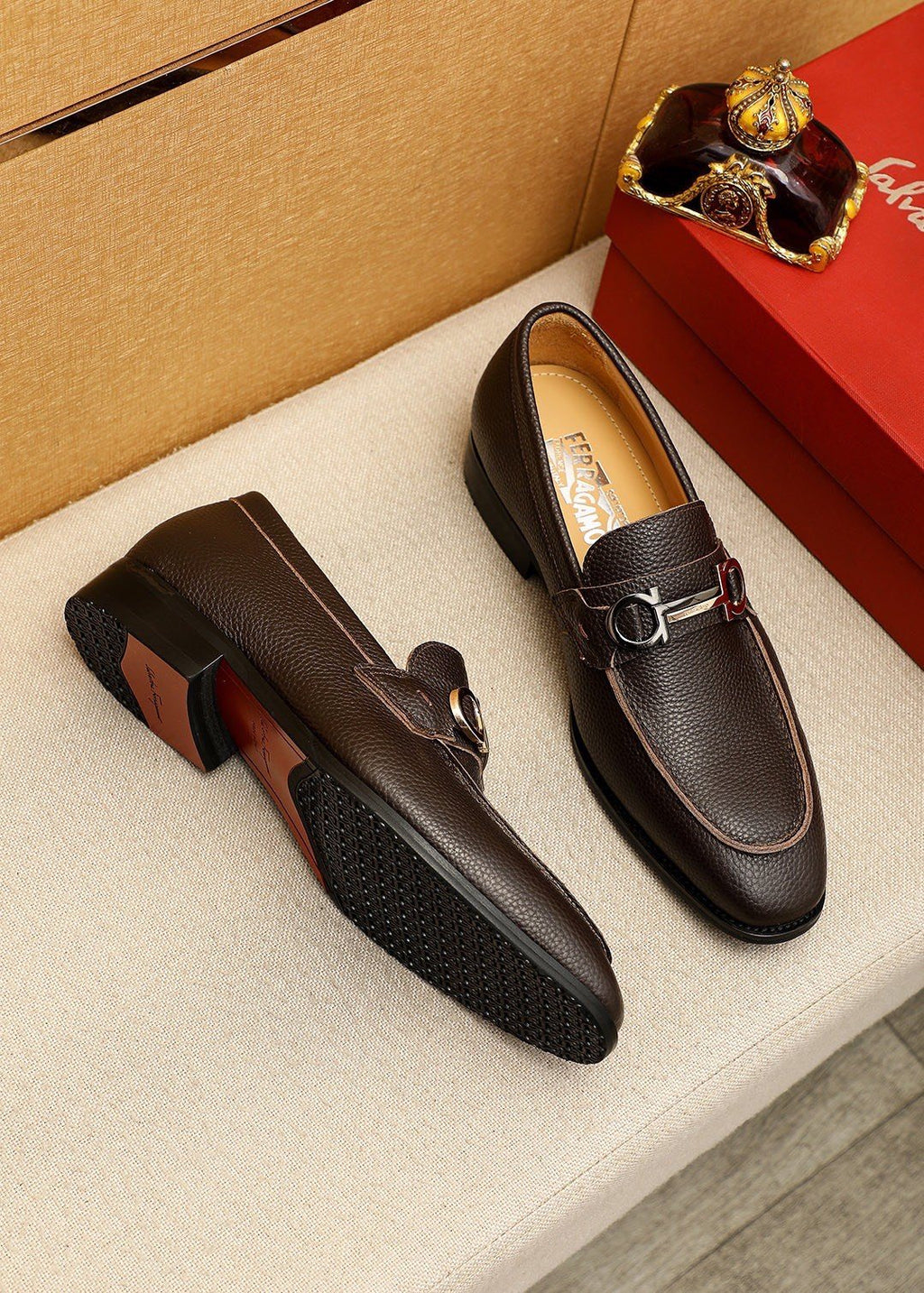 Ferragamo Men's Pebble Leather Buckle Loafers