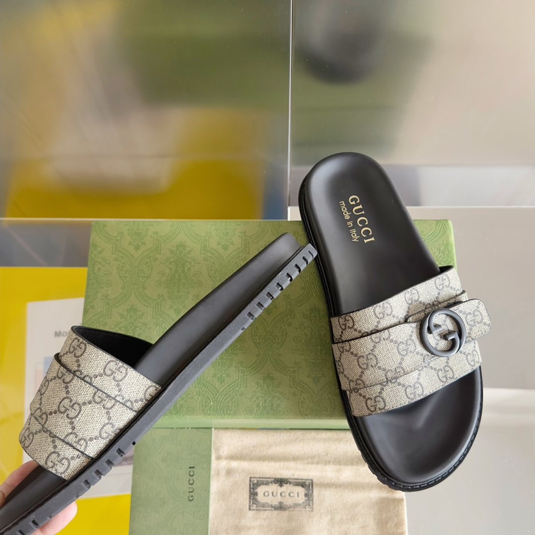 Gucci Beige Monogram Slide Sandals