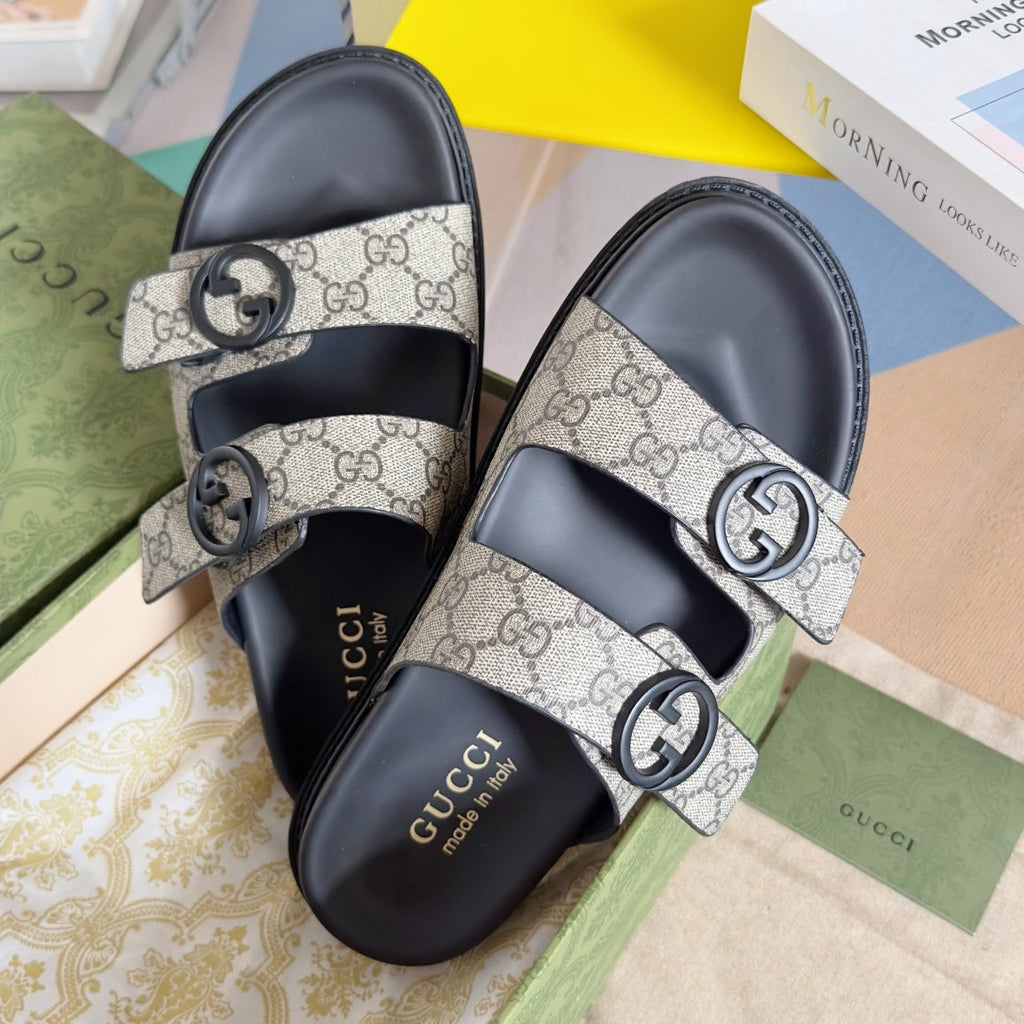 Gucci Beige Monogram Slide Sandals