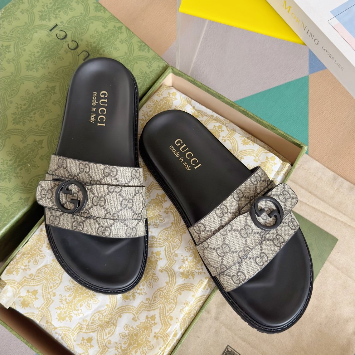 Gucci Beige Monogram Slide Sandals