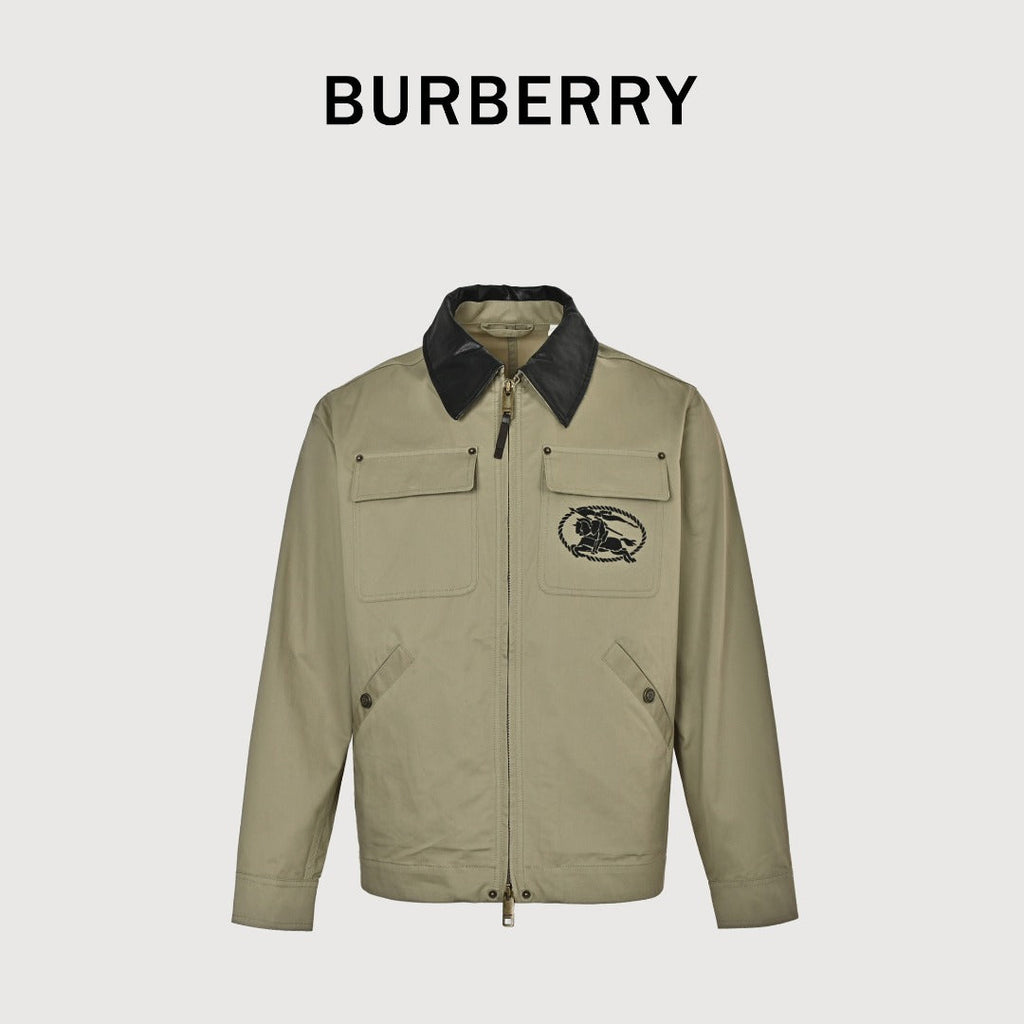 Burberry BBR Leather Collar Equestrian Emblem Cargo Pocket Workwear Jacket